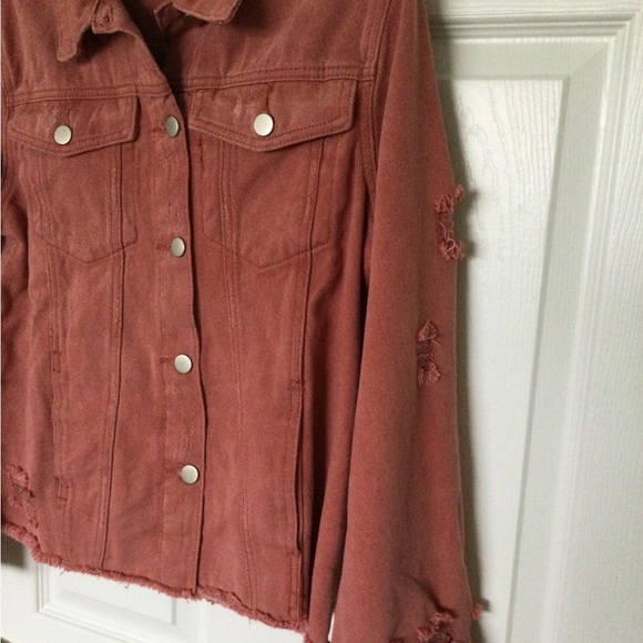 Denim Jacket NEW Large Raw Hemline Coral Salmon in Color - Picture 5 of 16